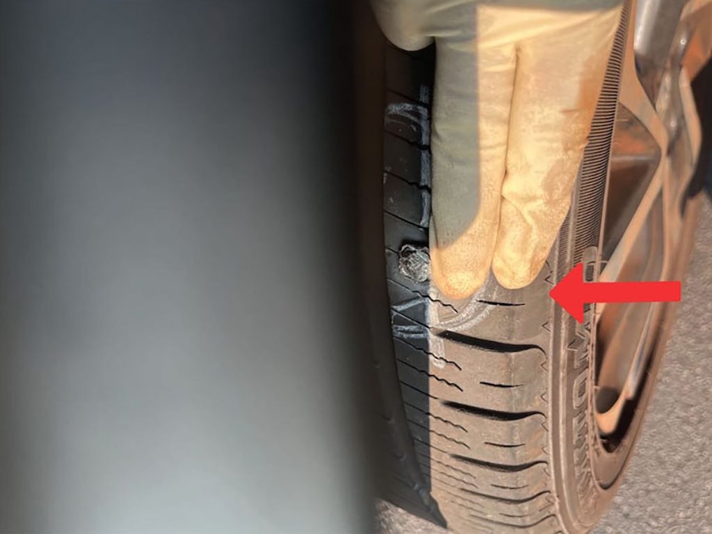 Tire puncture close to sidewall.