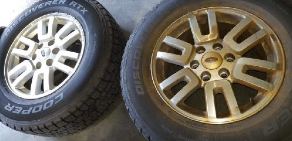 Ford Expedition front wheel discolored from brake caliper seizing up.