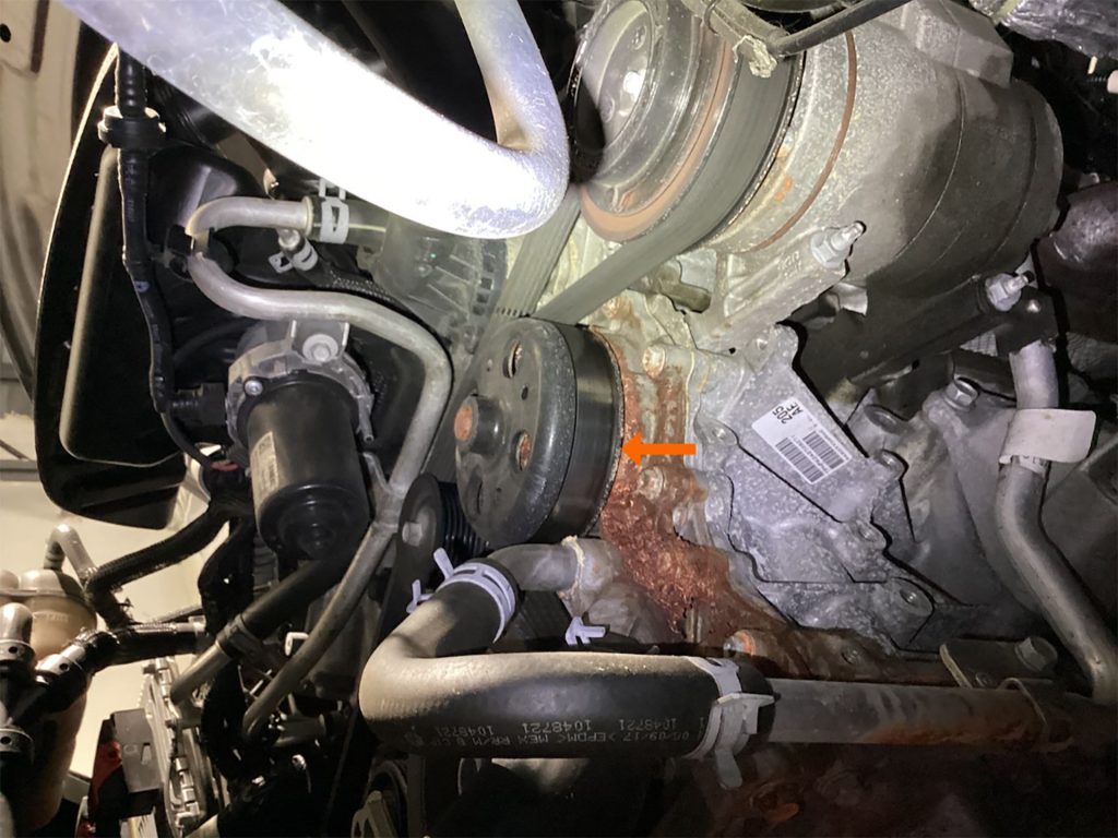Leaking water pump on a Jeep Grand Cherokee.