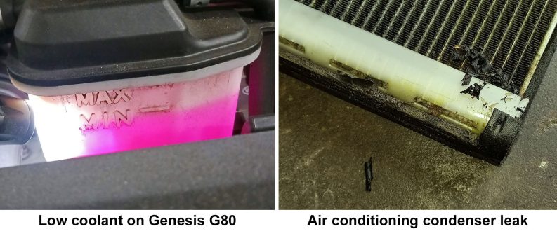 Low coolant on Genesis G80 and an air conditioning condenser leaking.