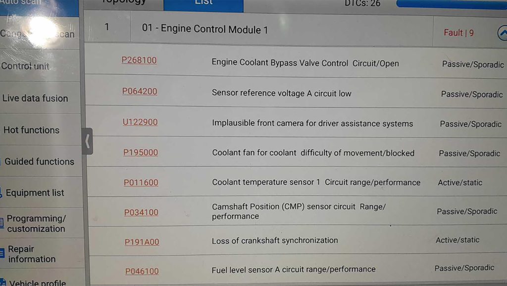Codes on an Audi A5.