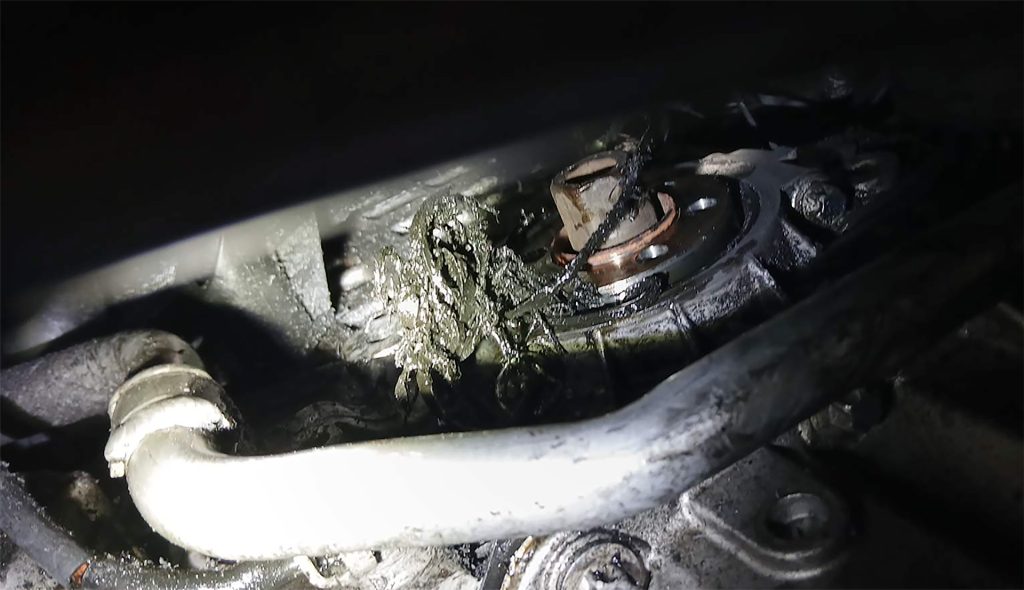 Belt material sucked into a BMW engine.